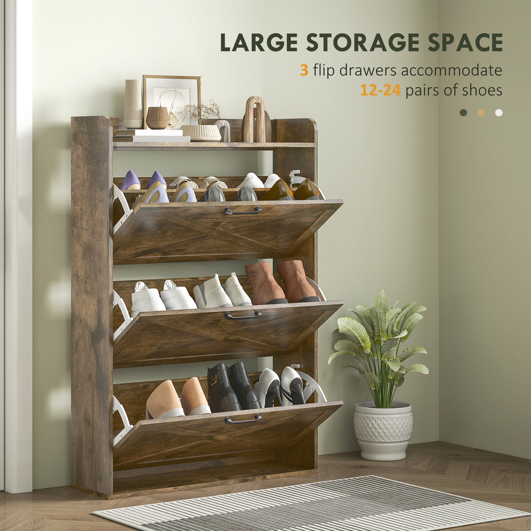 HOMCOM Narrow Shoe Storage Cabinet Farmhouse Shoe Cabinet with 3 Flip Drawers Adjustable Shelves for Entryway White Oak