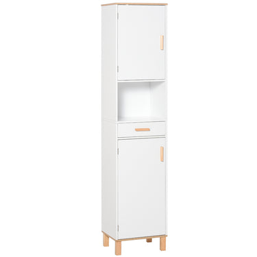 kleankin Bathroom Storage Cabinet with Cupboards and Drawer, Floor Free Standing Linen Tower, Tall Slim Side Organizer Shelves, White
