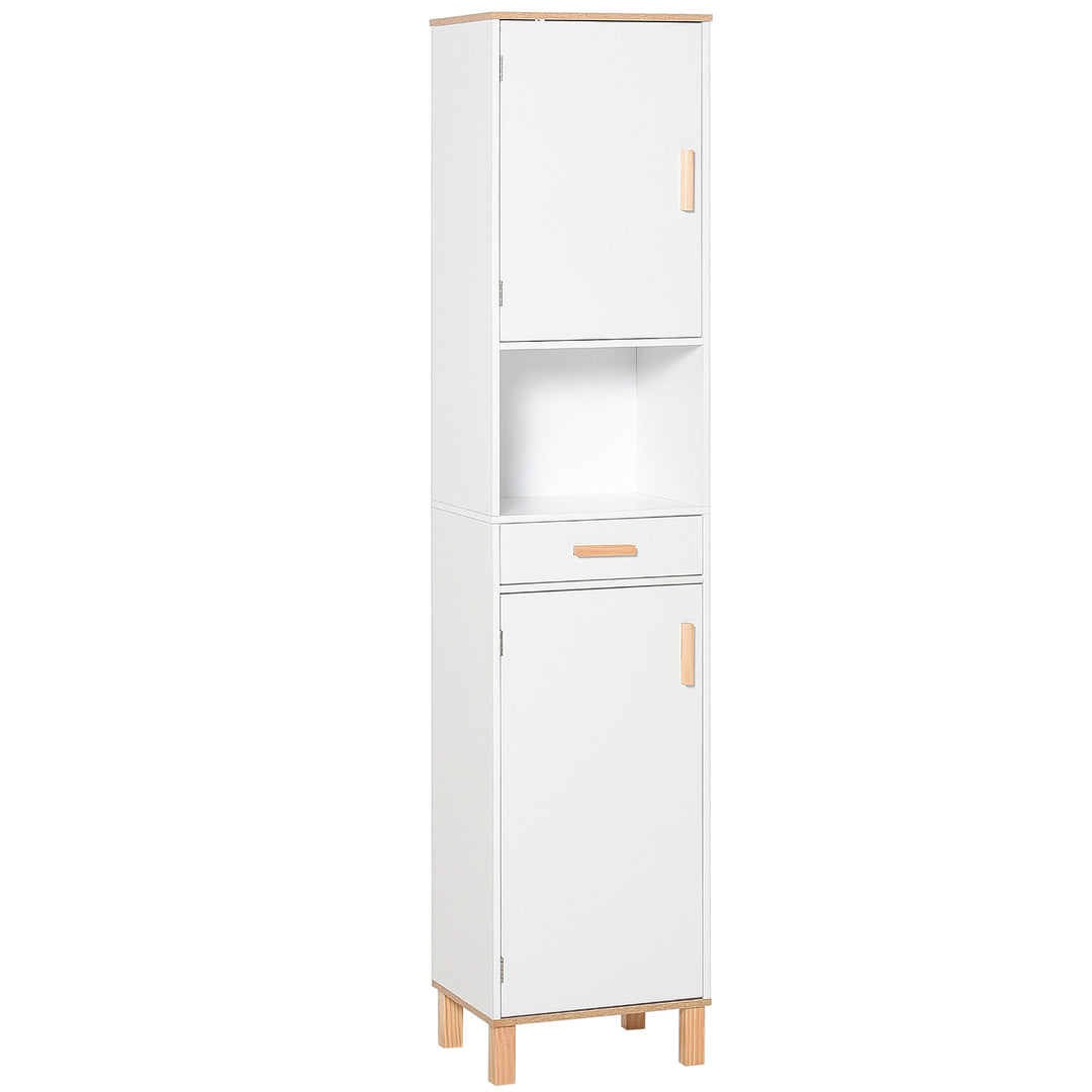 kleankin Bathroom Storage Cabinet with Cupboards and Drawer, Floor Free Standing Linen Tower, Tall Slim Side Organizer Shelves, White