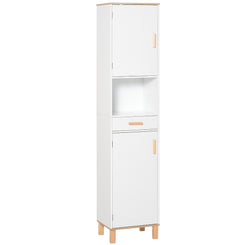 kleankin Bathroom Storage Cabinet with Cupboards and Drawer, Floor Free Standing Linen Tower, Tall Slim Side Organizer Shelves, White