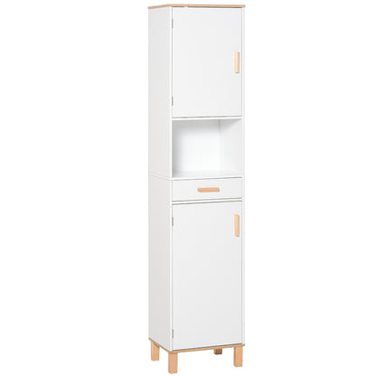 kleankin Bathroom Storage Cabinet with Cupboards and Drawer, Floor Free Standing Linen Tower, Tall Slim Side Organizer Shelves, White