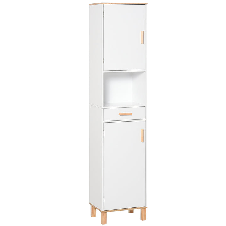 kleankin Bathroom Storage Cabinet with Cupboards and Drawer, Floor Free Standing Linen Tower, Tall Slim Side Organizer Shelves, White