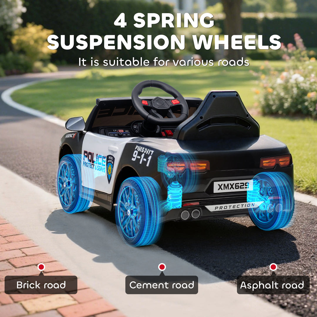 Qaba Kids Electric Ride on Police Car with Remote Control, Sirens, Flashing Lights, Music, Horn, Shock Absorbers, White