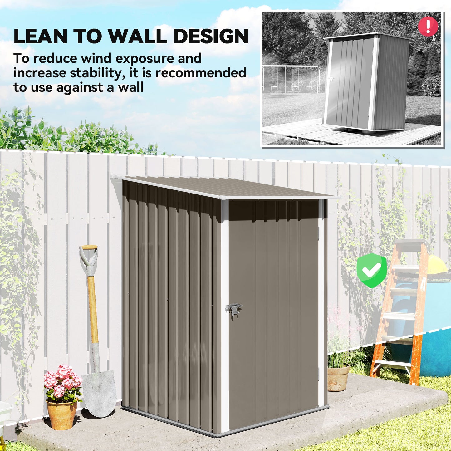 Outsunny 3.3' x 3.4' Lean-to Garden Storage Shed, Outdoor Galvanized Steel Tool House with Lockable Door for Patio Dark Gray