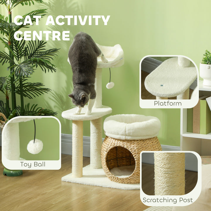 PawHut 31" Cat Tree Tower with Scratching Posts, Cat Condo, Beds, Platform, Toy Ball, for Indoor Cats, Cream White