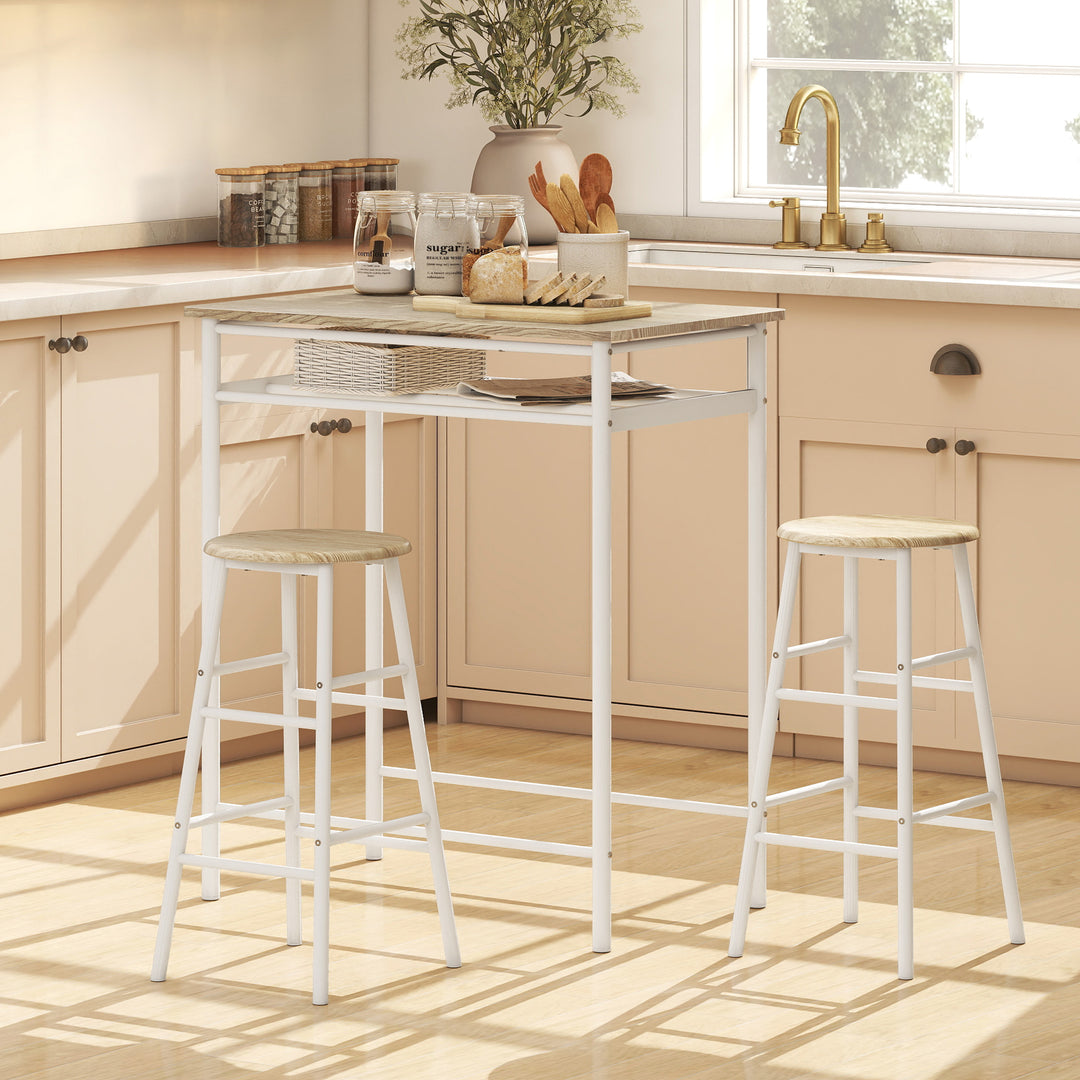 HOMCOM 3 Piece Counter Height Bar Table Set with 1 Table, 2 Matching Stools, Dining Table Set with Storage Shelf and Metal Frame Footrest, Black and Oak