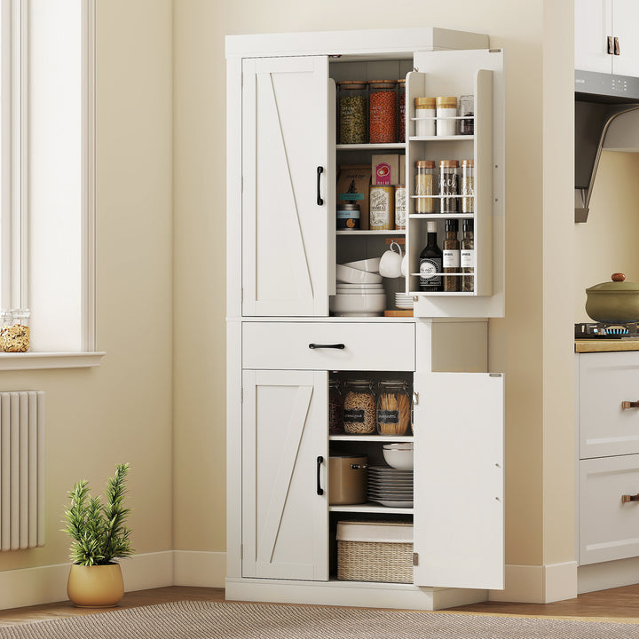 HOMCOM 72" Kitchen Pantry Cabinet, Farmhouse Kitchen Storage Cabinet with 4 Barn Doors, 6 Door Shelves, Drawer, Black