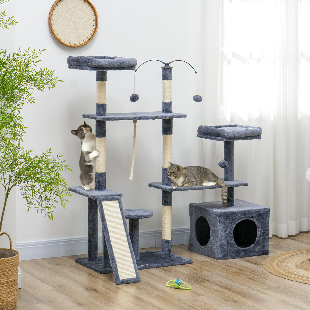 PawHut 53" Cat Tree, Cat Tower with Scratching Posts, Cat Condo, Beds, Platforms, Toy Balls for Indoor Cats, Dark Grey