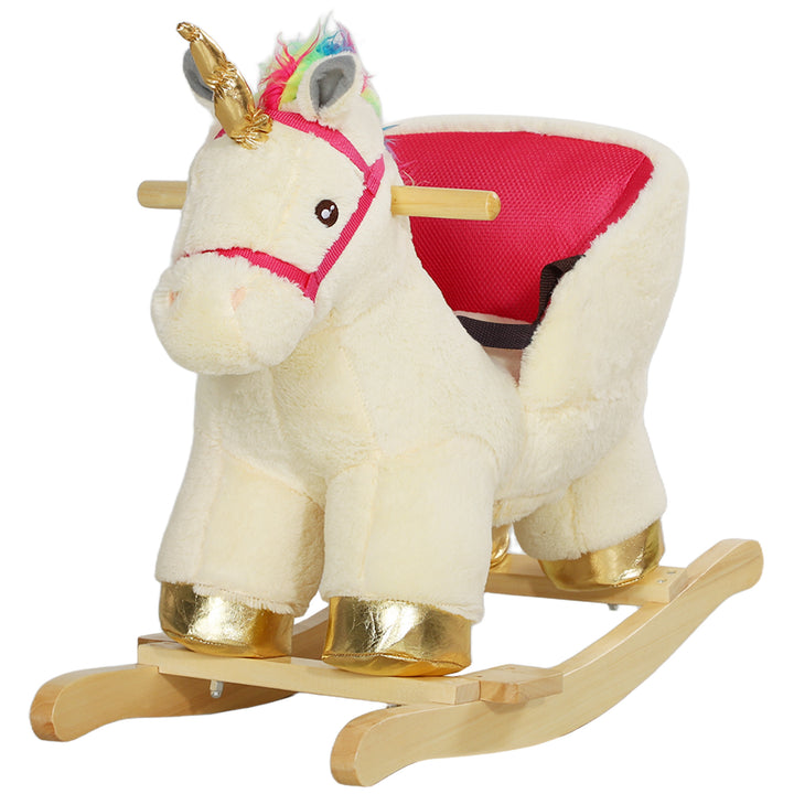 Qaba Rocking Horse Unicorn with Sound, Safety Belt, Wooden Base, for 18-36 Months