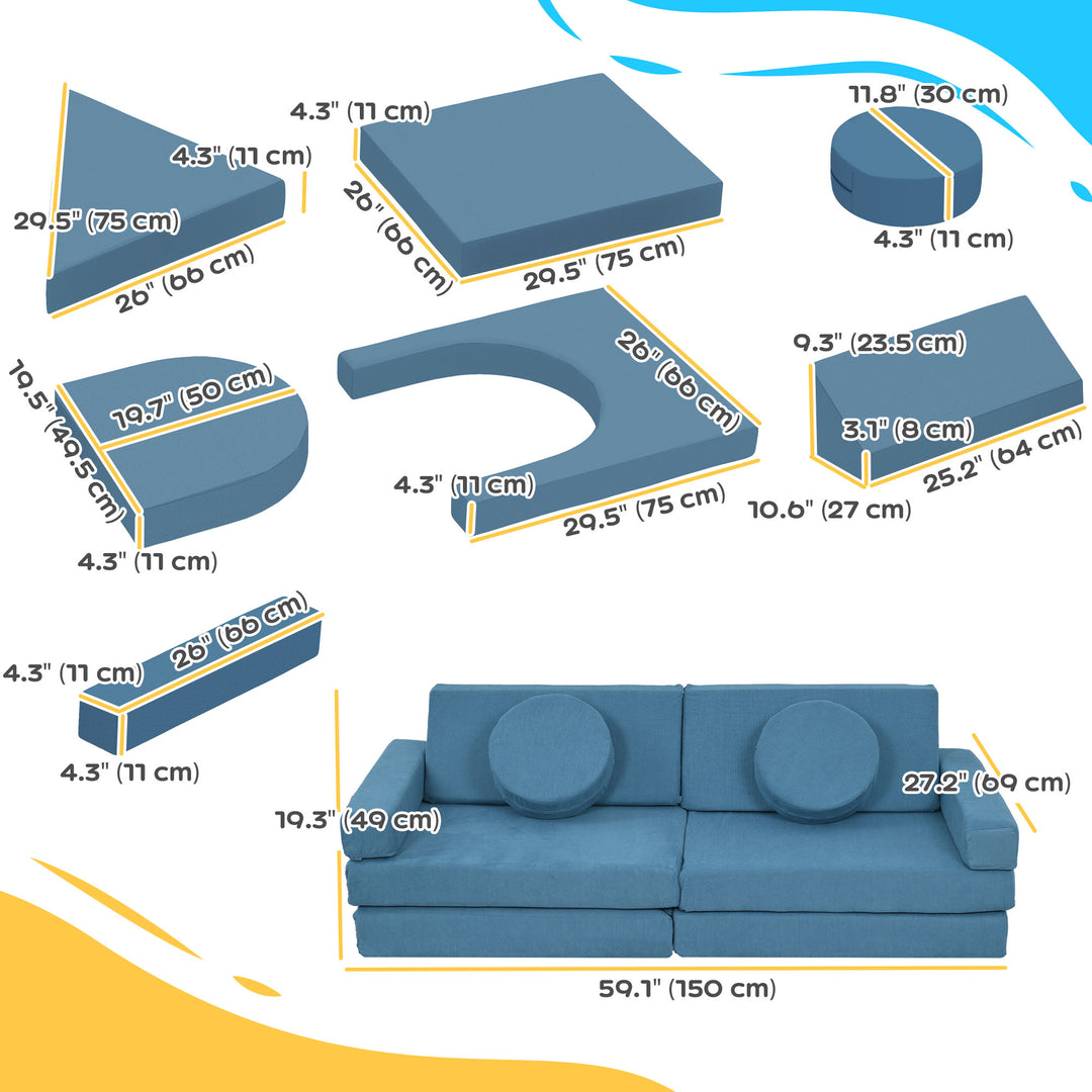 Qaba 12-Piece Modular Kids Play Couch Building Fort for Playroom Bedroom, Convertible Kids Sofa, Grey