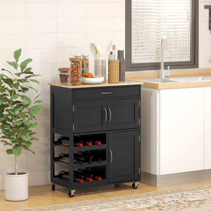 HOMCOM Rolling Kitchen Cart, Kitchen Island with Storage Drawer, 9-bottle Wine Rack, Door Cabinets, Wooden Countertop, White