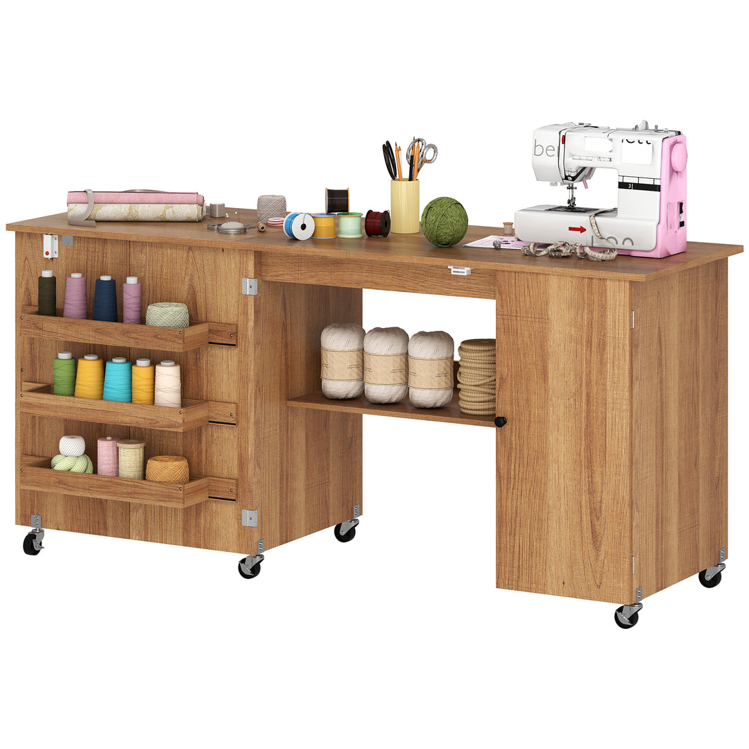 HOMCOM Sewing Machine Table with Drop Leaf, Folding Craft Table with 2 Doors and Adjustable Shelf for Small Spaces, Natural