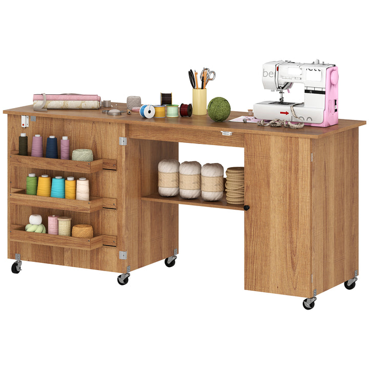HOMCOM Sewing Machine Table with Drop Leaf, Folding Craft Table with 2 Doors and Adjustable Shelf for Small Spaces, Natural