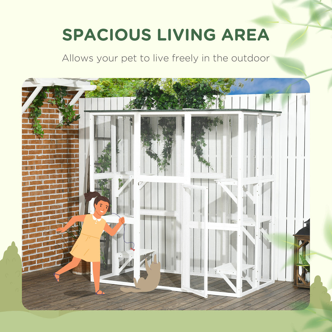 PawHut Large Outdoor Catio Enclosure, Weatherproof Cat House with Asphalt Roof,  Wooden Cat Patio Cage with 6 Balanced Platforms, 71" x 39" x 71", Grey
