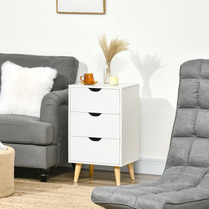 HOMCOM Bedside Table, Modern Nightstand with 3 Drawers, Side End Table with Wood Legs for Living Room, Bedroom, White