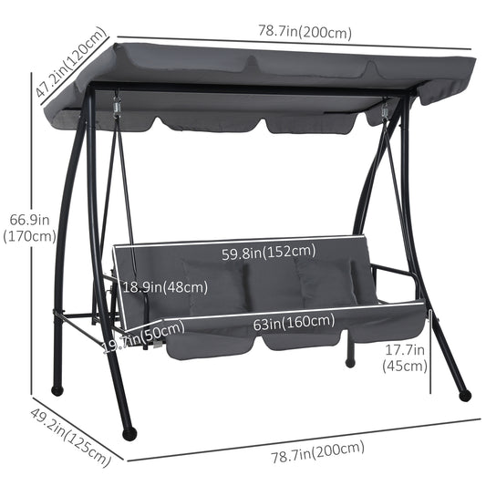 Outsunny Patio Swing Chair, 3 Person Convertible Hammock, Outdoor Swing Lounge Bed, Cushioned with Tilt Canopy, Dark Grey