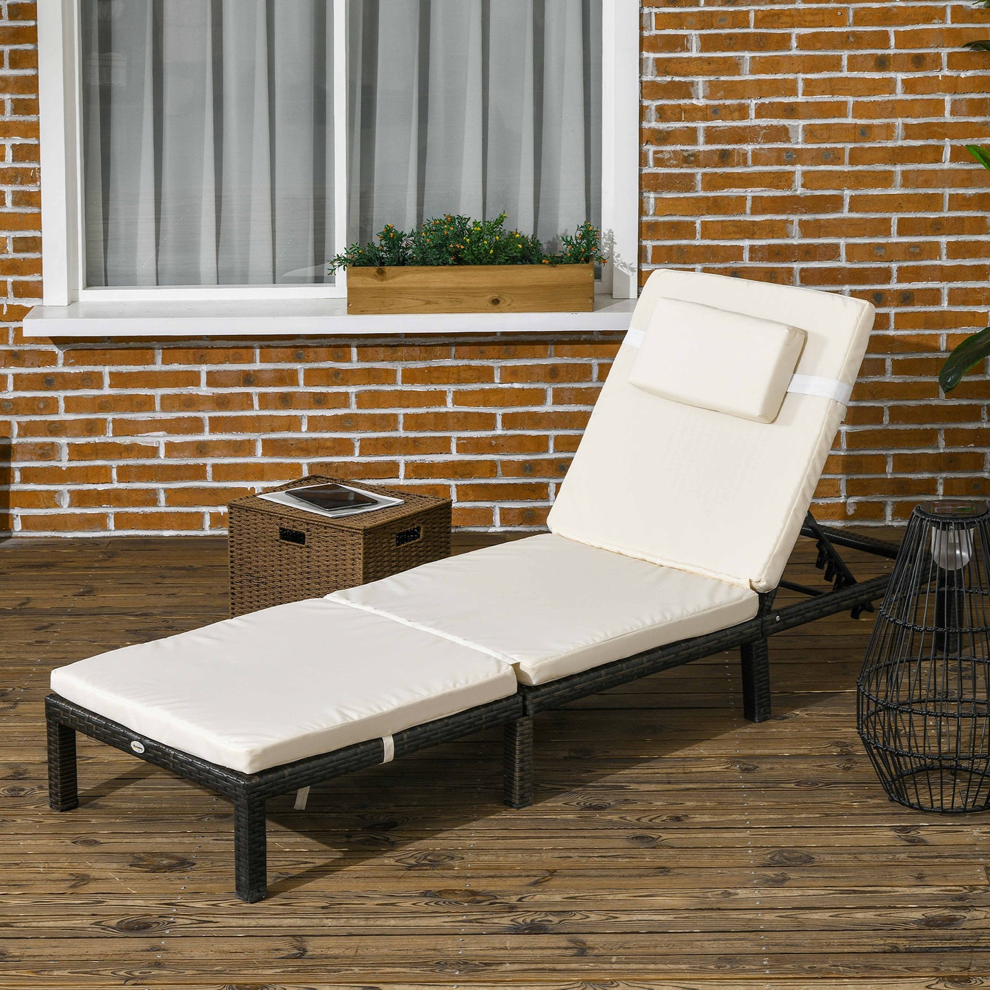 Outsunny Outdoor Lounger, Patio Lounger with 5-Level Adjustable Back, Headrest for Poolside, Garden, Backyard, Cream White
