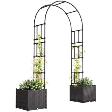 Outsunny 8ft Garden Arch with Two Planters Outdoor Steel Trellis Arbor for Climbing Plants, Weddings, Party, Brown, Black