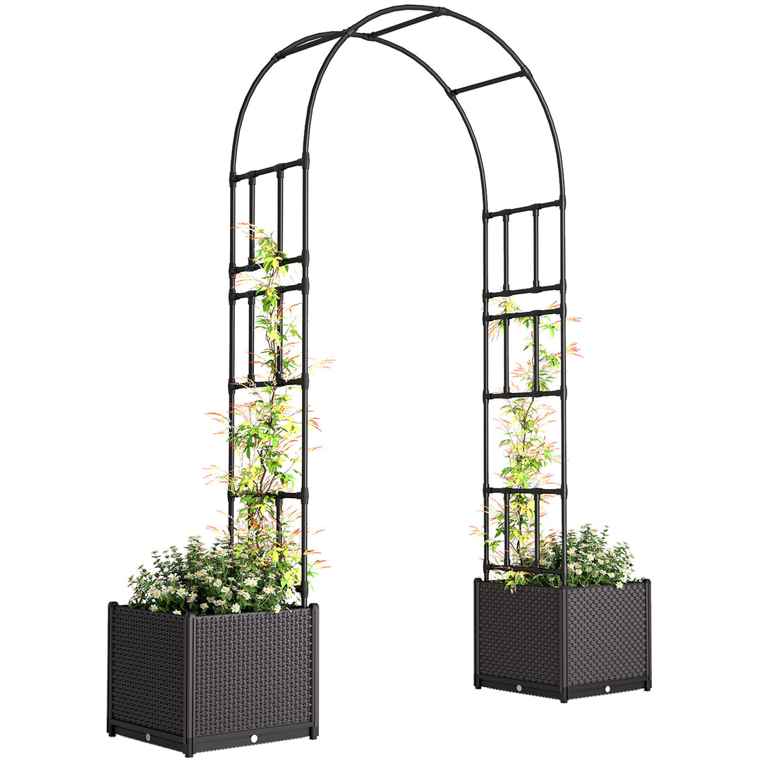 Outsunny 8ft Garden Arch with Two Planters Outdoor Steel Trellis Arbor for Climbing Plants, Weddings, Party, Brown, Black