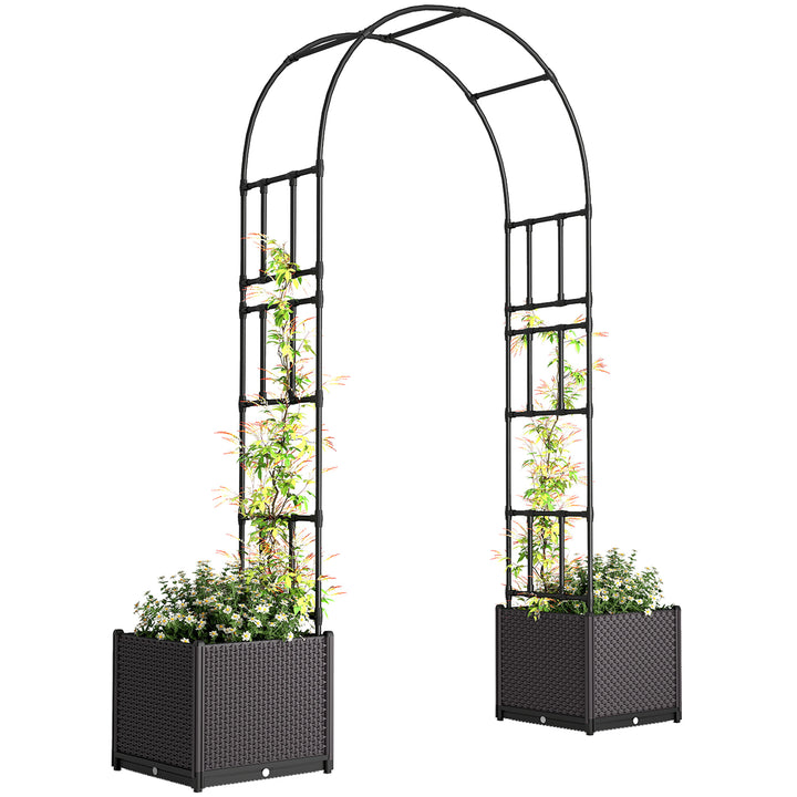 Outsunny 8ft Garden Arch with Two Planters Outdoor Steel Trellis Arbor for Climbing Plants, Weddings, Party, Brown, Black