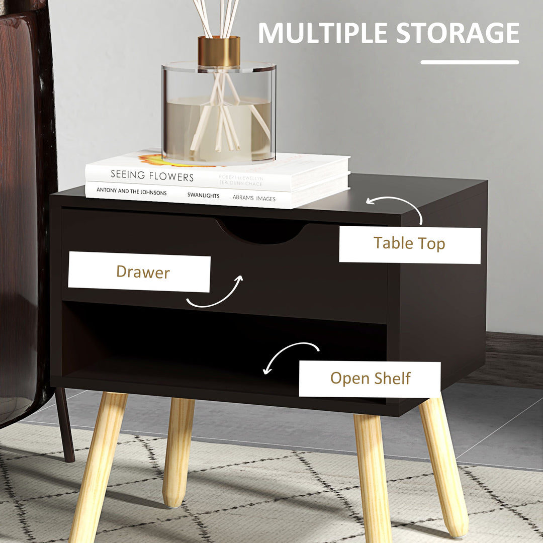 HOMCOM Set of 2 Bedside Table with Drawer and Shelf, Modern Nightstand with Wooden Legs, End Table for Bedroom, White