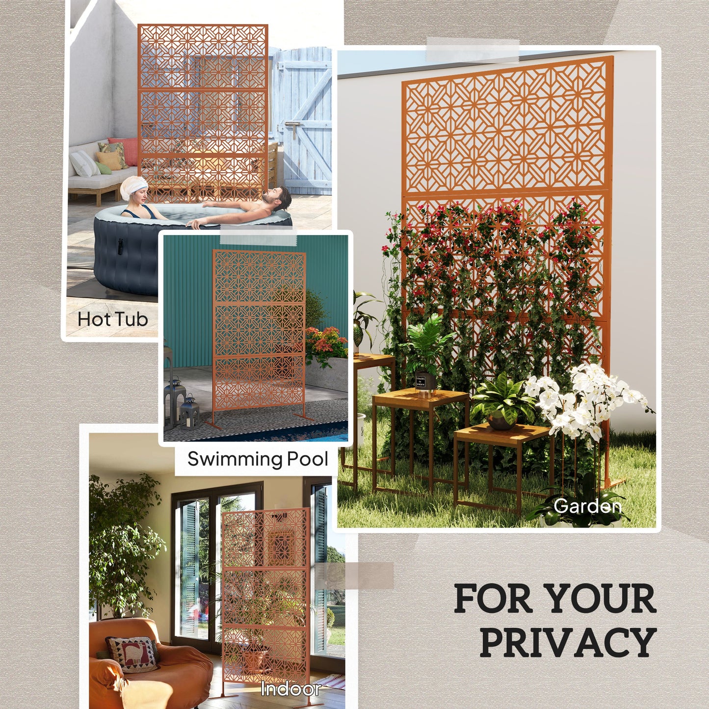 Outsunny Decorative Outdoor Privacy Panel with Stand, Freestanding Metal Outdoor Divider for Garden, Backyard, Deck, Brown