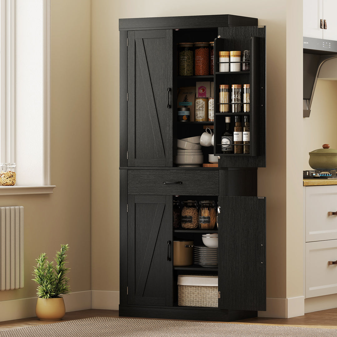 HOMCOM 72" Kitchen Pantry Cabinet, Farmhouse Kitchen Storage Cabinet with 4 Barn Doors, 6 Door Shelves, Drawer, Black