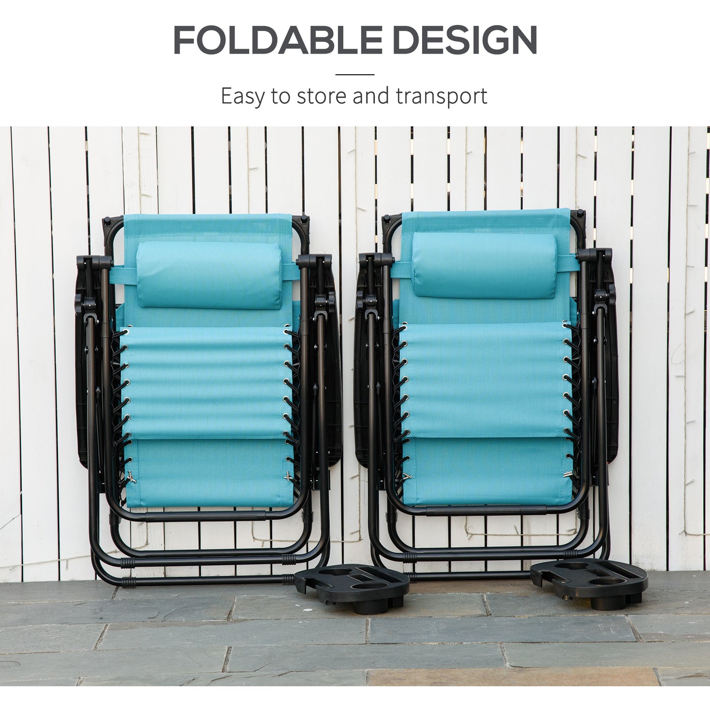 Outsunny 2 Piece Foldable Lounge Chair with Canopy Shade, Outdoor Zero Gravity Chair w/ Side Tray & Cup Holder, Reclining Lounger w/ Breathable Mesh Fabric Seat, Pillow, Sky Blue