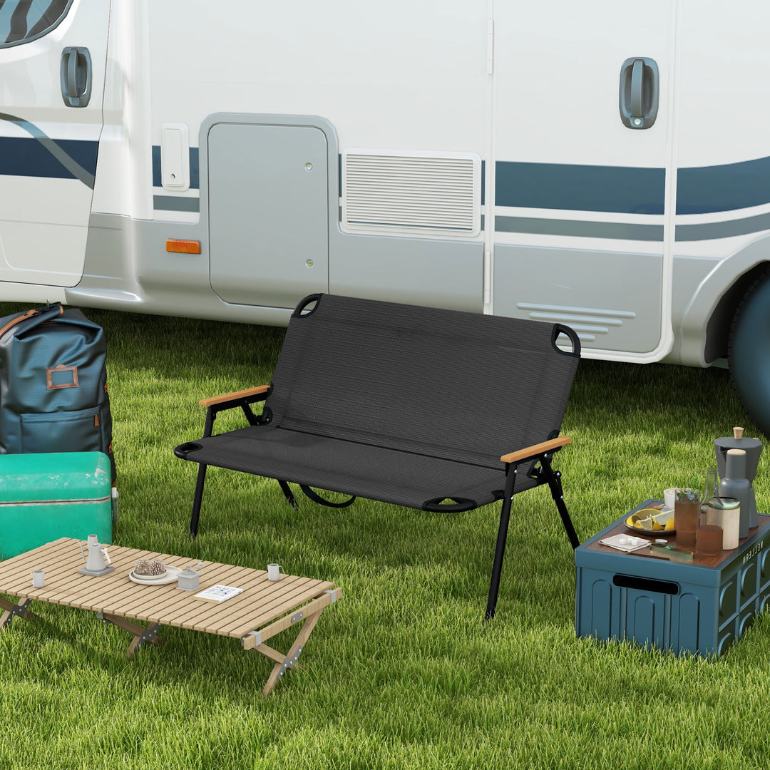 Outsunny Double Folding Chair, Loveseat Camping Chair for 2 Person, Portable Outdoor Chair with Wood Armrest for Fishing Travel, Green