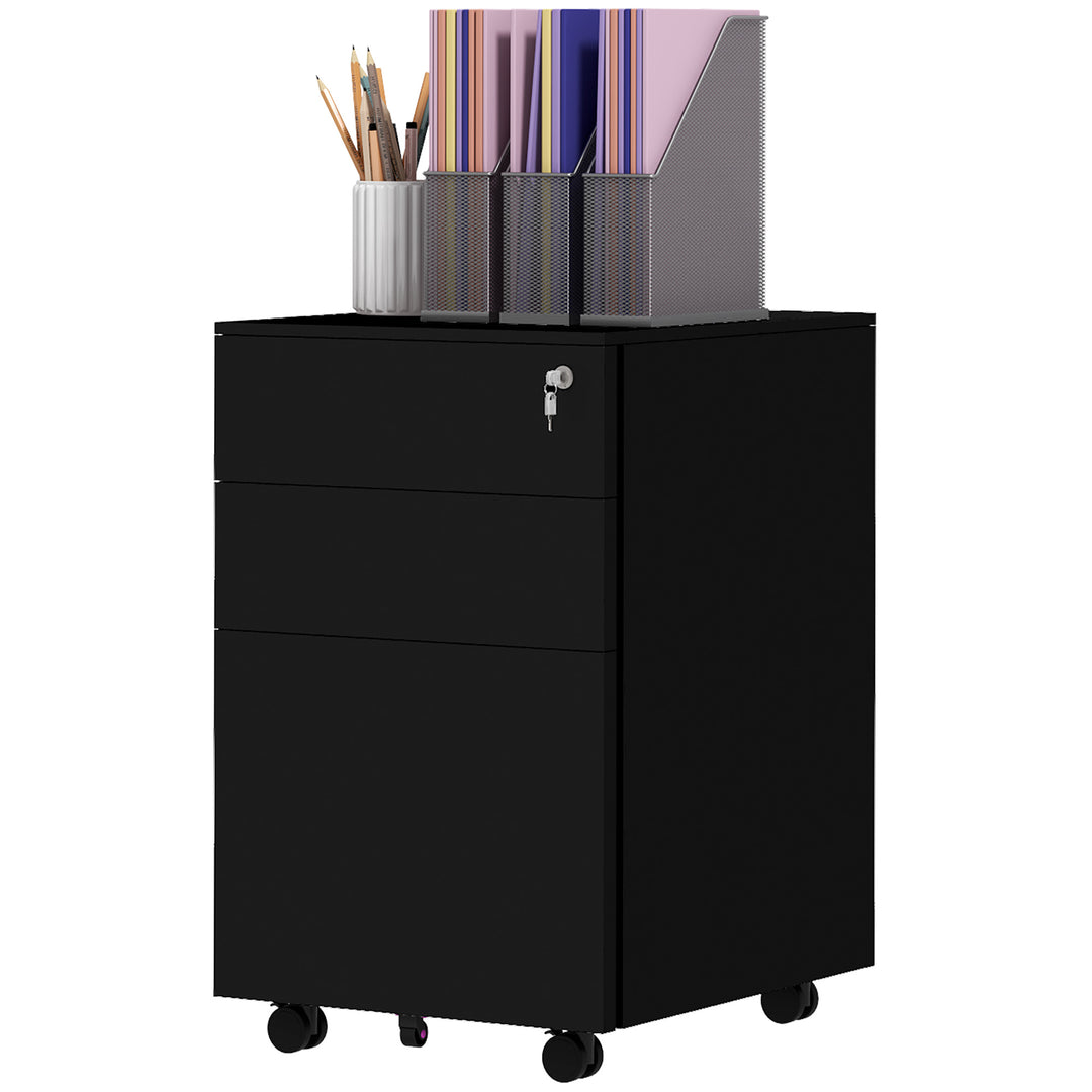 Vinsetto Vertical Steel Filing Cabinet on Wheels, 3-Drawer Lockable File Cabinet with Adjustable Hanging Bar for A4, Legal and Letter Size, Black