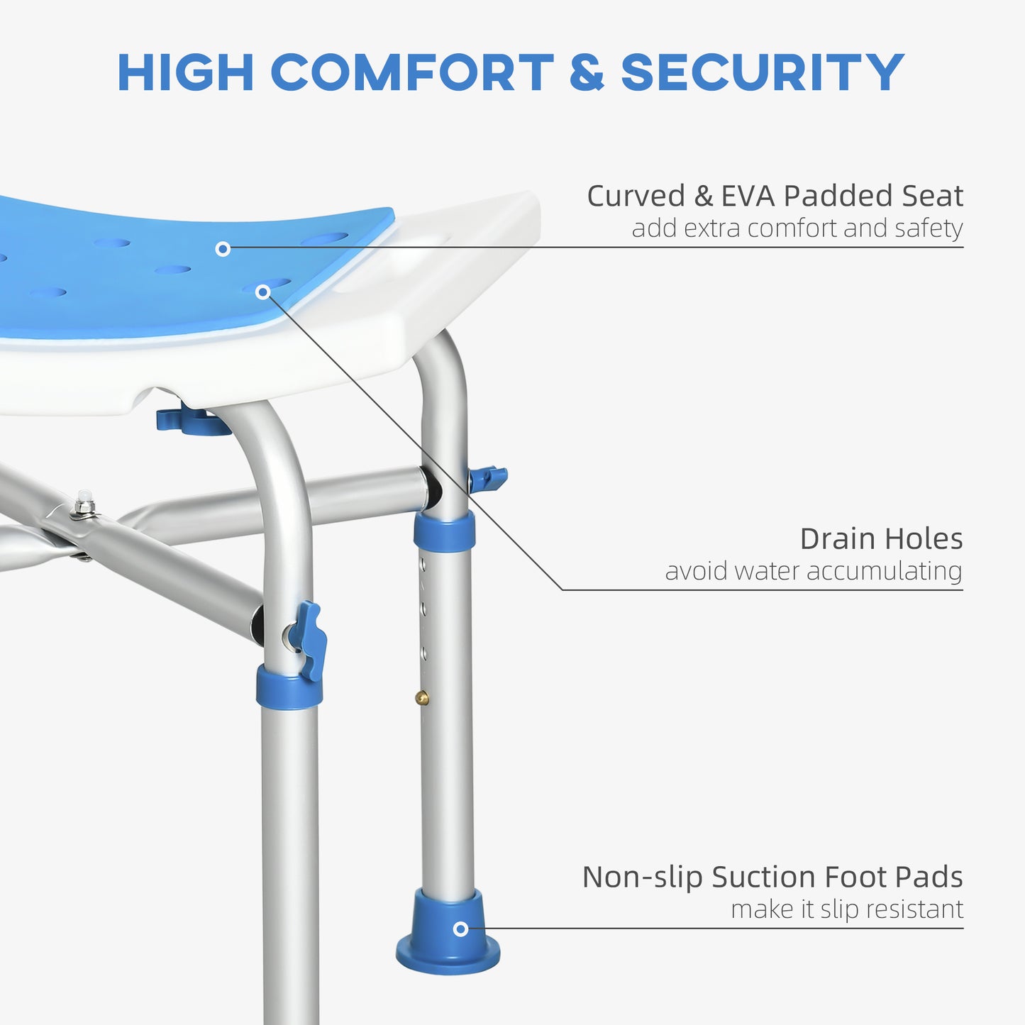 HOMCOM Height Adjustable Shower Chair, 16.7"W Aluminum Shower Stool for Inside Shower with Suction Cup Feet, EVA Padded Bath Seat for Senior, Elderly, Disabled