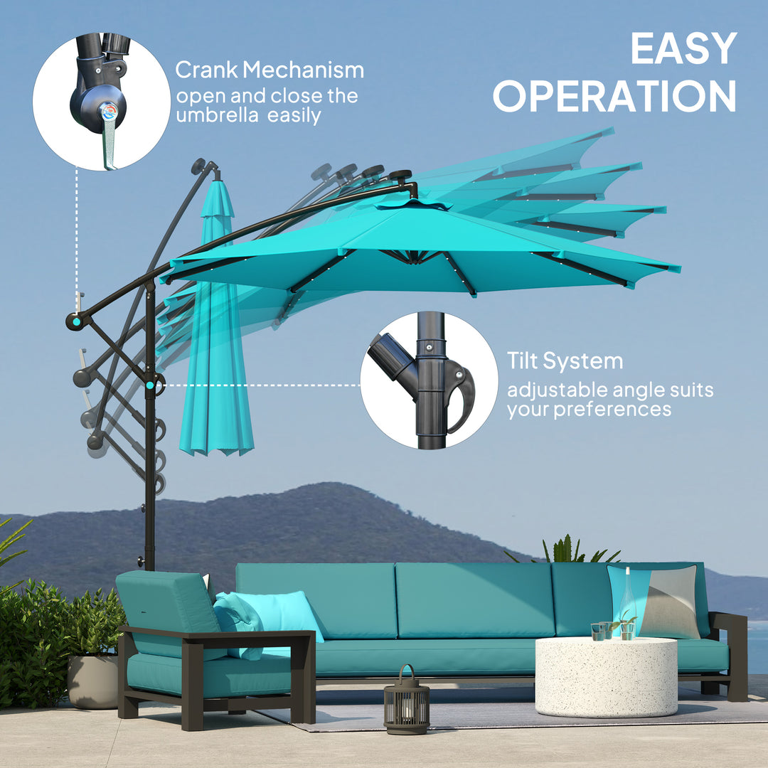 Outsunny 10ft Outdoor Cantilever Umbrella Banana Umbrella with Solar Lights and Adjustable Angle for Patio Backyard Turquoise