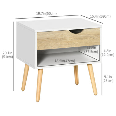 HOMCOM Set of 2 Bedside Table with Drawer and Shelf, Modern Nightstand with Wooden Legs, End Table for Bedroom, White