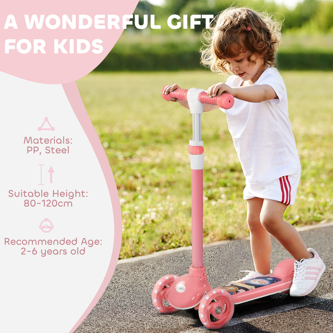 Qaba 3 Wheel Kids Scooter, Toddler Kick Scooter with Adjustable Height, Rear-Fender Brake, LED Light, TPE Handlebar, Pink