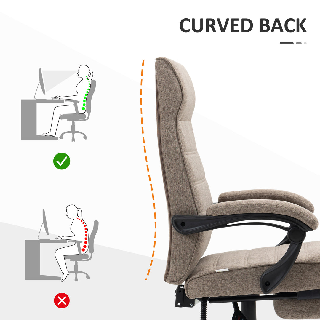 Vinsetto Office Chair, Linen High Back Computer Desk Chair, Swivel Recliner with Adjustable Height, Footrest and Padded Armrest, Brown