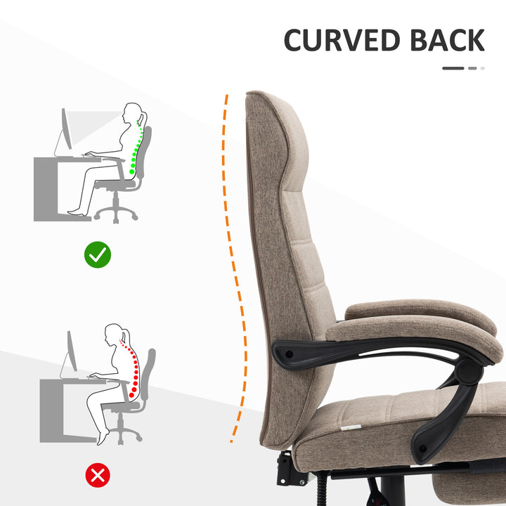 Vinsetto Office Chair, Linen High Back Computer Desk Chair, Swivel Recliner with Adjustable Height, Footrest and Padded Armrest, Brown