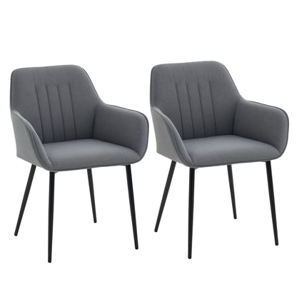 HOMCOM Dining Chairs Set of 2, Linen Upholstery Accent Chair with Back, Armrest, Metal Legs, Dark Grey