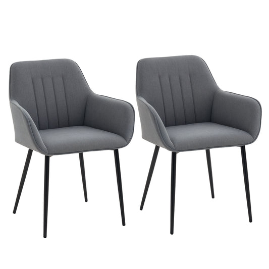 HOMCOM Dining Chairs Set of 2, Linen Upholstery Accent Chair with Back, Armrest, Metal Legs, Dark Grey