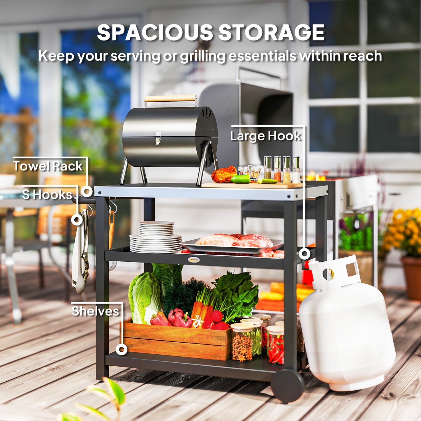 Outsunny 3-Shelf Outdoor Grill Dining Cart Pizza Oven Stand with Stainless Steel Top, Movable BBQ Food Prep Table Outdoor Kitchen Island with Hooks Wheels Handle, Charcoal Grey