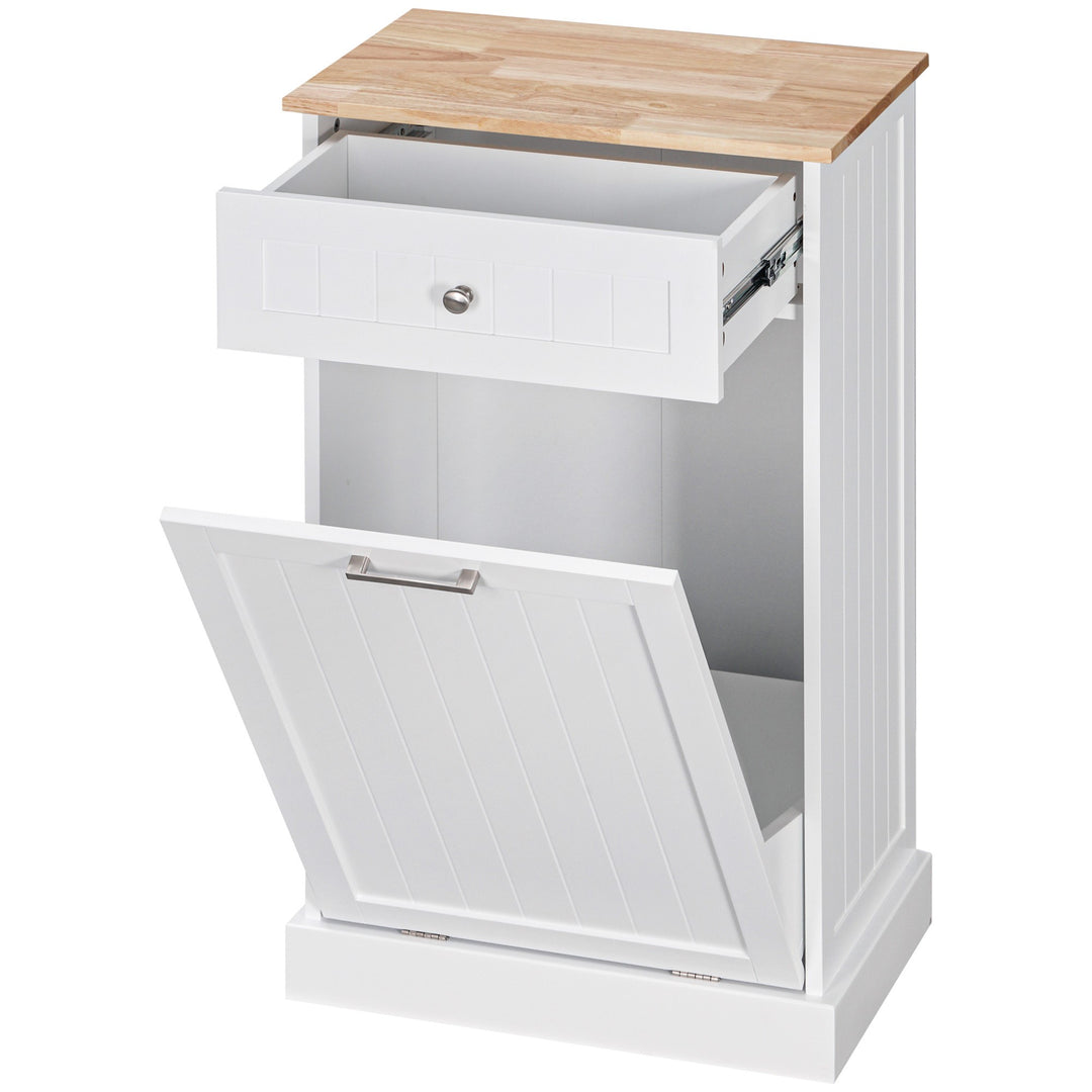 HOMCOM Kitchen Tilt Out Trash Bin Cabinet, Free Standing Recycling Cabinet, Trash Can Holder with Drawer, White