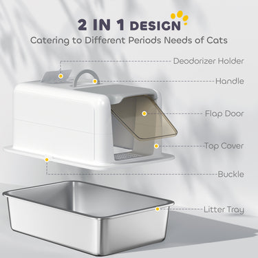 PawHut Stainless Steel Cat Litter Box w/ Removable Lid & Scoop, for Small to Large Cats, Easy to Clean, White