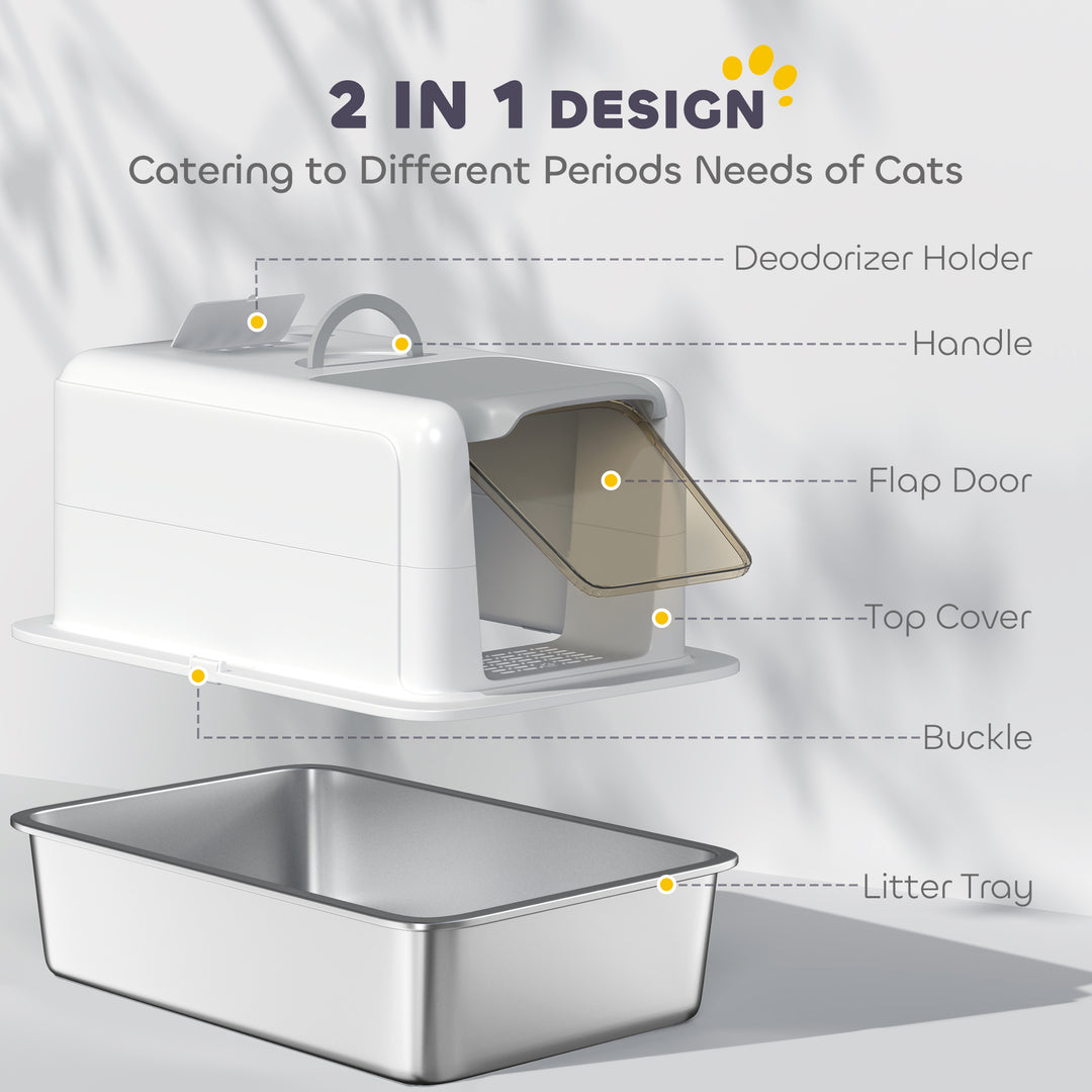 PawHut Stainless Steel Cat Litter Box w/ Removable Lid & Scoop, for Small to Large Cats, Easy to Clean, White