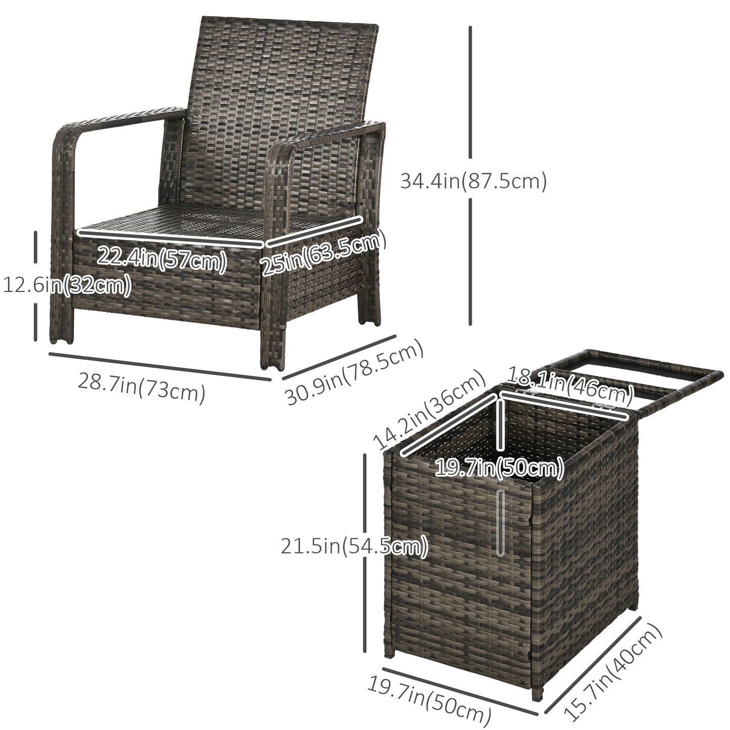 Outsunny 3 Pieces Wicker Patio Furniture Set, Rattan Bistro Set with Storage Coffee Table and Thickened Cushions, Outdoor Conversation Set for Garden, Porch, Balcony, Red