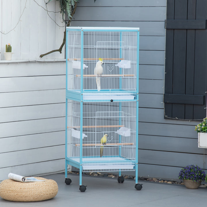 PawHut 55.1" 2 In 1 Bird Cage Aviary Parakeet House for finches, budgies with Wheels, Slide-out Trays, Wood Perch, Food Containers, Light Blue