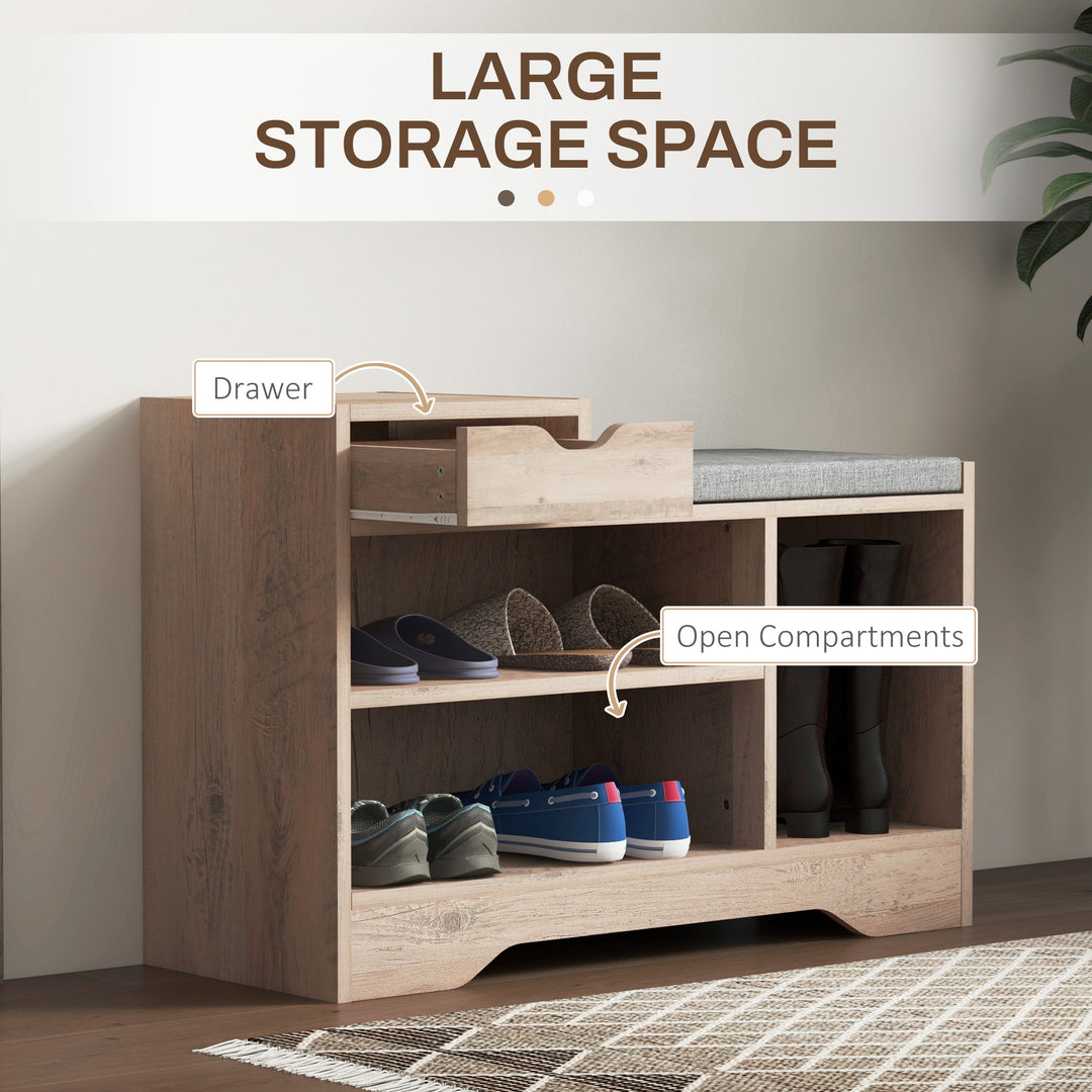 HOMCOM Upholstered Shoe Storage Bench, Hallway Shoe Storage with Seat, Drawer, 3 Open Shelves for Entryway, White