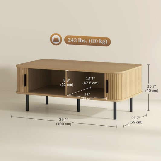 HOMCOM Coffee Table with Storage, Nordic Side Table with Slatted Tambour Sliding Doors and Steel Legs for Living Room, Oak