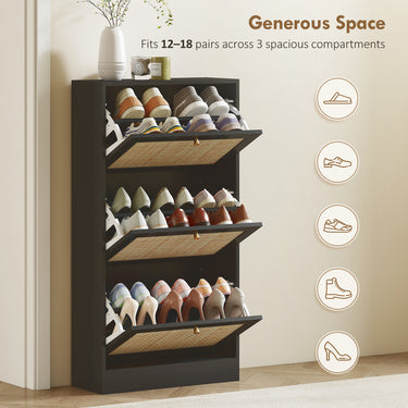 HOMCOM Rattan Shoe Storage Cabinet with 3 Flip Drawers and Adjustable Shelves, Entryway Shoe Cabinet for 18 Pairs, Black