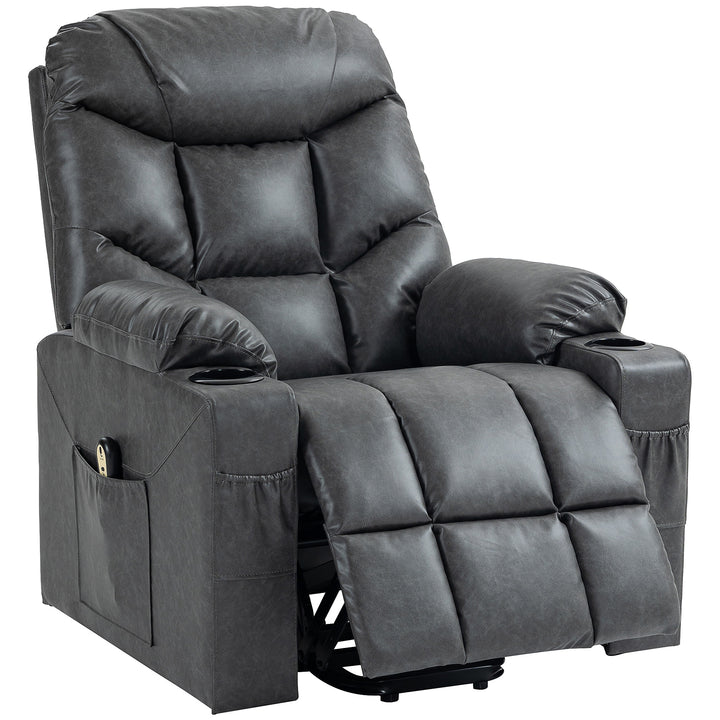 HOMCOM Lift Chair for Elderly, PU Leather Electric Recliner Chair with Quick Assembly, Remote, Cup Holders, Side Pockets, Grey