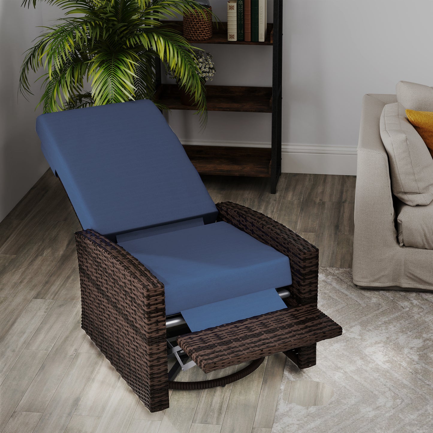 Outsunny Outdoor Rattan Wicker Lounge Chair with Footrest & Soft Cushion for Patio, Garden, Backyard, Sky Blue