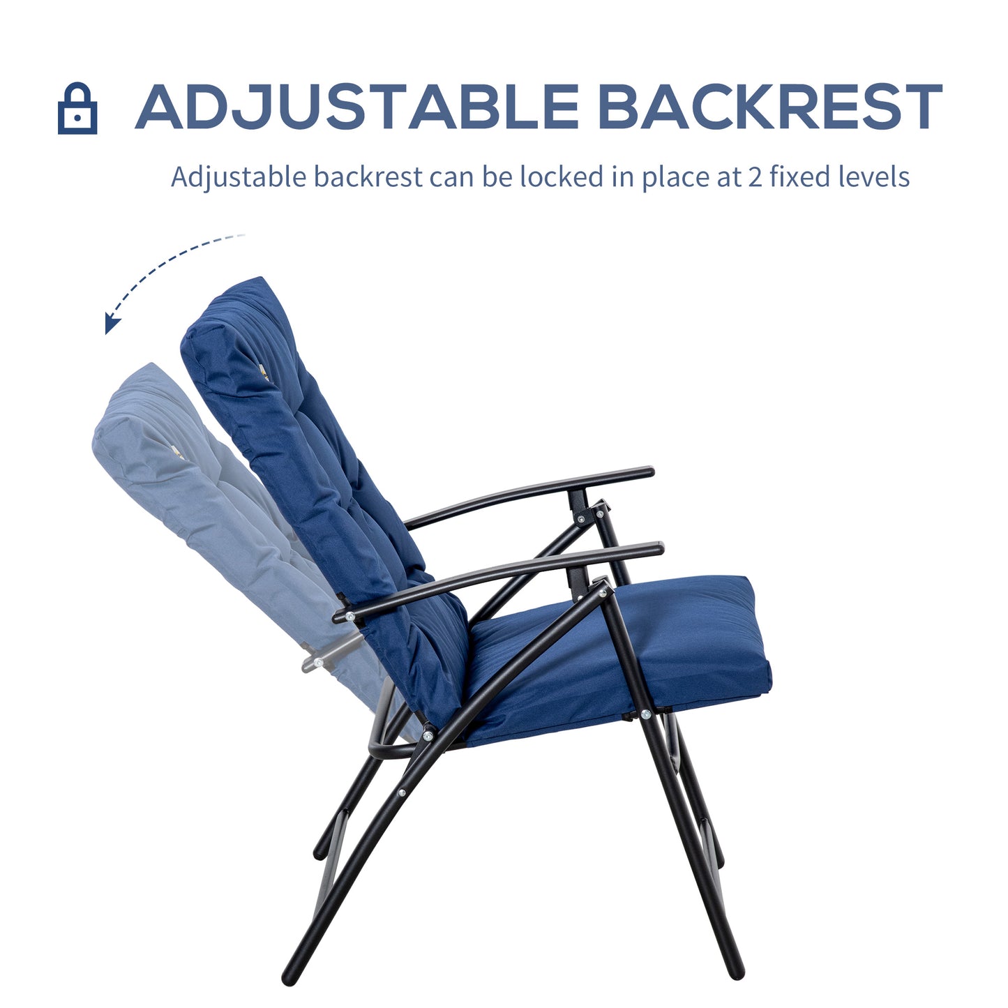 Outsunny Foldable Lounge Chair, Fabric Upholstered Recliner, Outdoor Lounger with Armrest, Metal Frame for Backyard, Blue